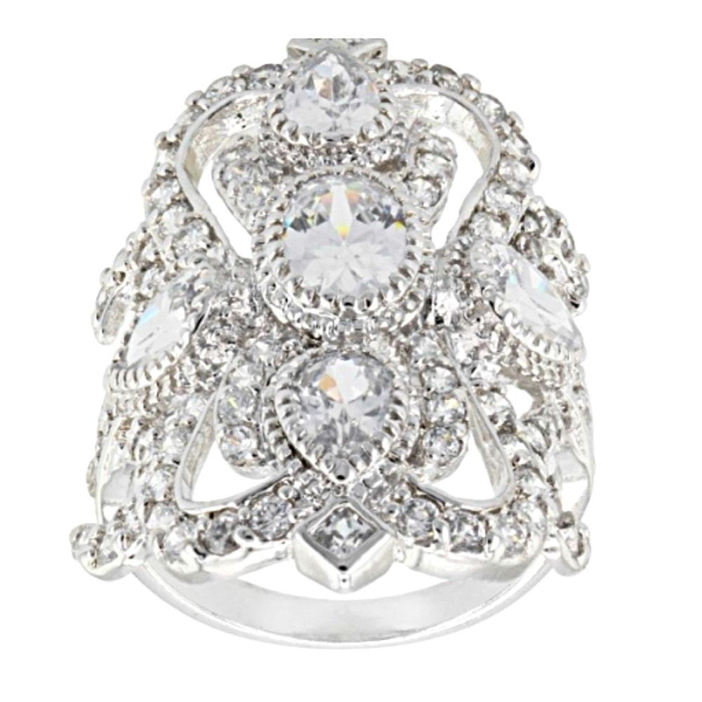 3.8 Carat DEW CZ Cocktail Statement Ring 925 Sterling Silver Rhodium Plated - Picture 4 of 8